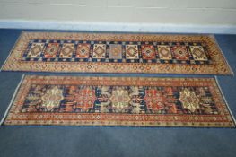 A TURKISH PATTERNED WOOL ON COTTON CARPET RUNNER, 300cm x 76cm, along with a similar smaller