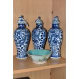 A NEAR SET OF THREE 19TH CENTURY CHINESE BLUE AND WHITE PORCELAIN BALUSTER VASES WITH MATCHED COVERS