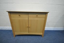 A JOHN LEWIS LIGHT OAK SIDEBOARD, with two drawers over two cupboard doors, length 101cm x depth