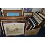 A QUANTITY OF PAINTINGS AND PRINTS ETC, to include nine watercolours depicting landscapes, signed