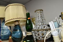 A QUANTITY OF TABLE LAMPS AND SHADES, comprising two mid-century Tremaen Pottery - Newlyn Cornwall