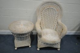A WICKER SPOON BACK ARMCHAIR, width 73cm x depth 72cm x height 103cm, along with a matching side