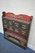 A BESPOKE RUSTIC FLOOR SHELVES, decorated with various Tobacco flavours, all dummy drawers, three