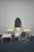 FIVE PIECES OF WHITE CREAM FRENCH BEDROOM FURNITURE, to include a cheval mirror, a pair of single