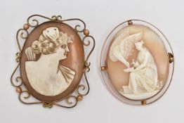 TWO YELLOW METAL CAMEO BROOCHES, the first of an oval form, carved shell depicting Hebe and Zeus