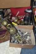 TWO BOXES OF METAL WARES AND SUNDRIES, to include a brass ladle, horse brasses - some attached to