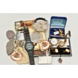A BOX OF ASSORTED ITEMS, to include a ladys rolled gold AF wristwatch, a gold plated open face,