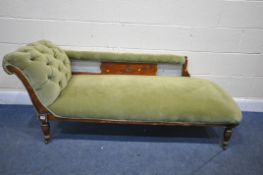 AN EDWARDIAN WALNUT CHAISE LOUNGE, with foliate detail, and green upholstery, length 170cm x depth