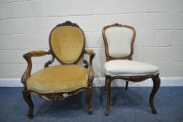 A SECOND HALF 19TH CENTURY CONTINENTAL WALNUT ARMCHAIR AND A LATER DINING CHAIR, the armchair with