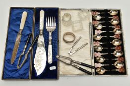 A BOX OF ASSORTED ITEMS, to include a cased set of twelve silver and enamel lodge teaspoons,