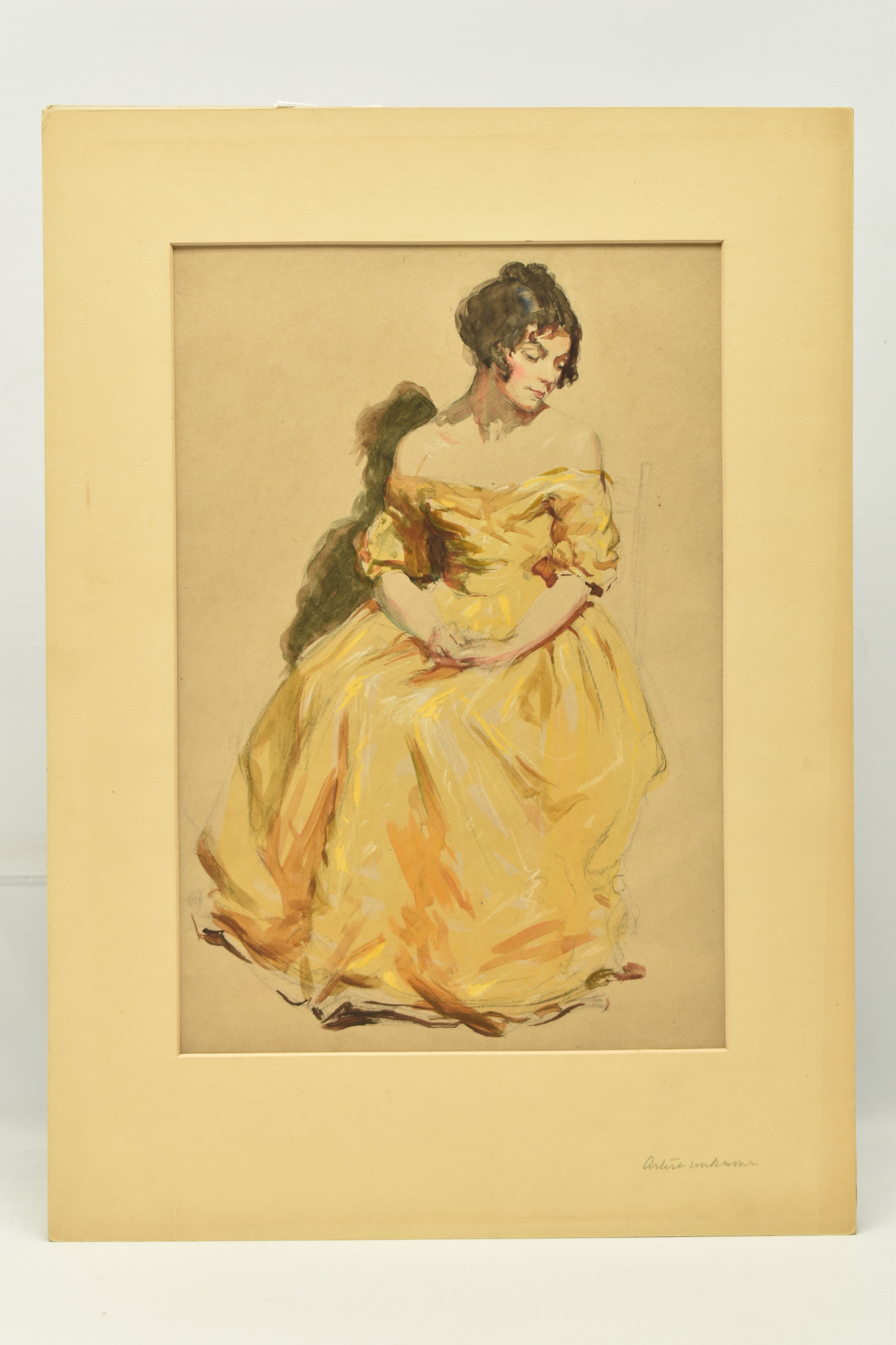 A 19TH CENTURY FULL LENGTH PORTRAIT OF A SEATED FEMALE FIGURE, she wears a yellow dress and is