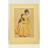 A 19TH CENTURY FULL LENGTH PORTRAIT OF A SEATED FEMALE FIGURE, she wears a yellow dress and is