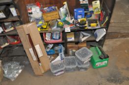 A SELECTION OF TOOLS AND ACCESSORIES including three Stanley and four Tapeline 5m tape measures, a