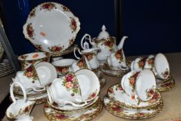 A FORTY PIECE ROYAL ALBERT OLD COUNTRY ROSES TEA SET, comprising a teapot, a cake plate, a cake