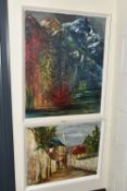 A SMALL QUANTITY OF PAINTINGS AND PRINTS ETC, to include an oil on board Alpine landscape signed and