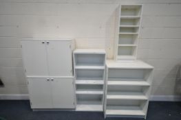 A SELECTION OF WHITE IKEA FURNITURE, to include four various bookcases, and two double door cabinets