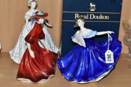 THREE PORCELAIN LADY FIGURINES, comprising a boxed Royal Doulton 'Elaine' HN2791, a Royal