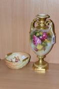 TWO PIECES OF ROYAL WORCESTER BLUSH IVORY PORCELAIN, comprising a two handled vases painted with