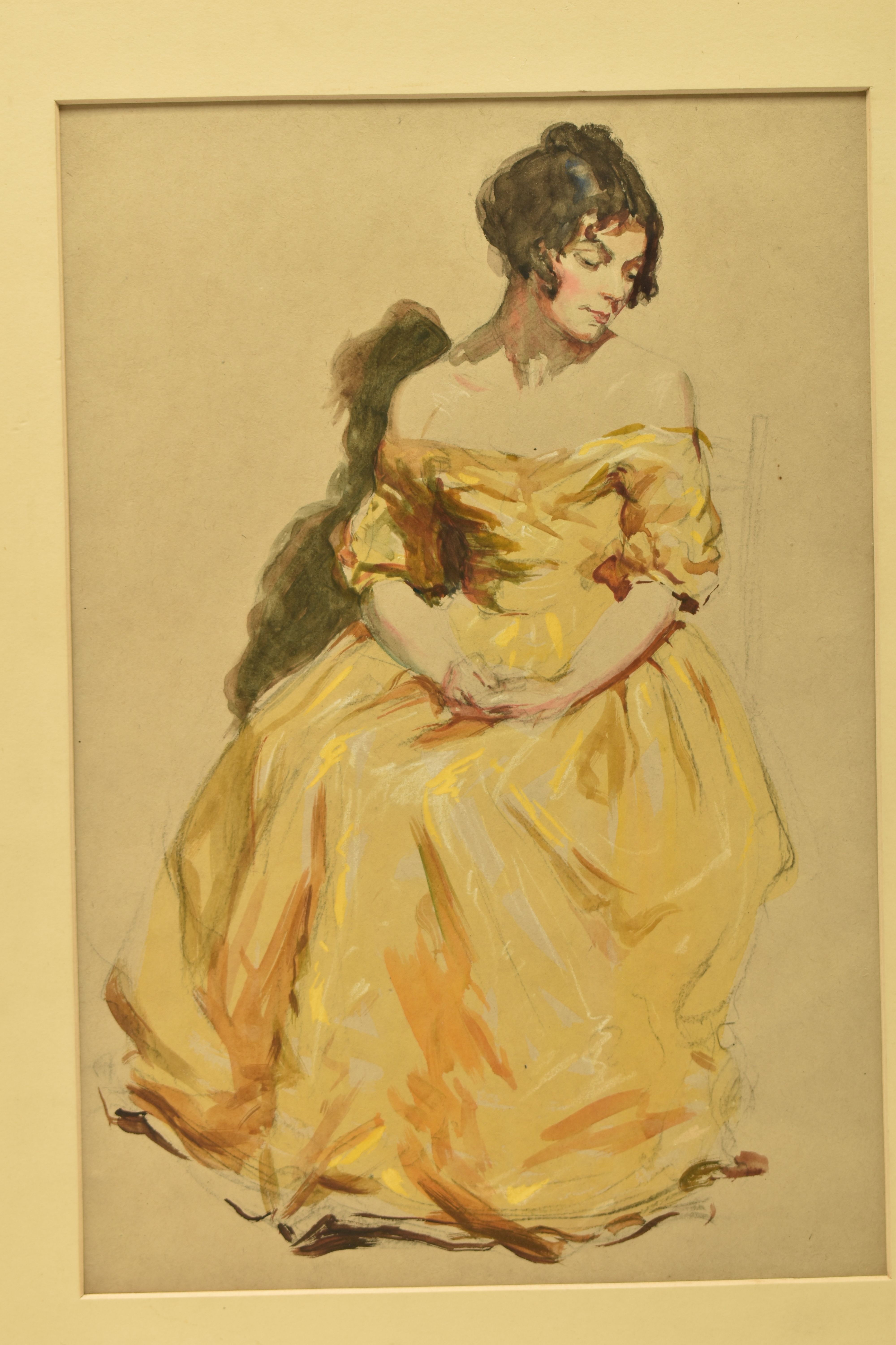 A 19TH CENTURY FULL LENGTH PORTRAIT OF A SEATED FEMALE FIGURE, she wears a yellow dress and is - Image 2 of 7