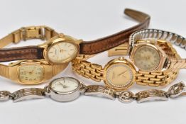 FIVE LADYS WRISTWATCHES, to include a 9ct gold manual wind 'Rotary', hallmarked 9ct London, fitted