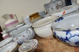 A GROUP OF VICTORIAN CHAMBER POTS AND WASH SET, comprising a 19th century French slop pot/pail (