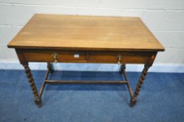 AN OAK BARLEY TWIST SIDE TABLE, with two drawers. width 104cm x depth 61cm x height 76cm (
