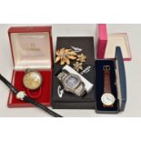 AN ASSORTMENT OF WATCHES AND COSTUME JEWELLERY, to include a white metal open face pocket watch,
