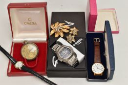 AN ASSORTMENT OF WATCHES AND COSTUME JEWELLERY, to include a white metal open face pocket watch,
