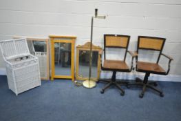 A PAIR OF SWIVEL OFFICE CHAIRS, along with three various mirrors, a laundry basket, a floor lamp,