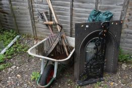 A SELECTION OF MISCELLANEOUS, to include a wheelbarrow, six various garden tools, two folding