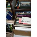 FIVE BOXES AND LOOSE BOOKS AND FRAMED CIGARETTE CARDS, to include approximately sixty five books, in