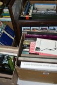 FIVE BOXES AND LOOSE BOOKS AND FRAMED CIGARETTE CARDS, to include approximately sixty five books, in