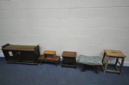 A SELECTION OF VARIOUS STOOLS, to include a 20th century oak duet music stool, with twin fall