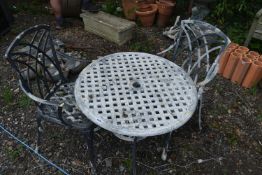 A GREY PAINTED THREE PIECE BISTRO SET, comprising a circular table, diameter 74cm x height 66cm, and