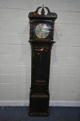 A MODERN MAHOGANY GRANDFATHER CLOCK, with a brassed ten inch dial, with Roman numerals, the top