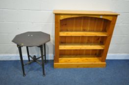 A MODERN PINE OPEN BOOKCASE, with two shelves, width 107cm x depth 30cm x height 109cm, along with a