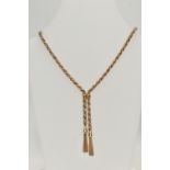 A 9CT BI COLOUR GOLD TASSEL CHAIN NECKLACE, yellow and white gold rope twist chain with two tassel