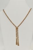 A 9CT BI COLOUR GOLD TASSEL CHAIN NECKLACE, yellow and white gold rope twist chain with two tassel