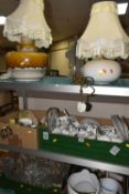 FOUR BOXES AND LOOSE TABLE LAMPS, CERAMICS AND GLASS WARES, to include Duchess 'Indian Tree' pattern