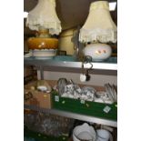 FOUR BOXES AND LOOSE TABLE LAMPS, CERAMICS AND GLASS WARES, to include Duchess 'Indian Tree' pattern