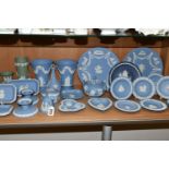 A COLLECTION OF WEDGWOOD JASPERWARES, mainly pale blue, with one navy and three sage green pieces,