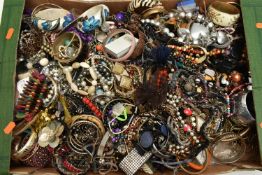 A LARGE BOX OF ASSORTED COSTUME JEWELLERY, to include a selection of necklaces, bracelets, earrings,