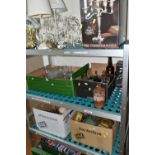 FOUR BOXES GLASSWARE, VINTAGE TINS AND SUNDRIES, to include a Wild Woodbine Cigarettes Royal