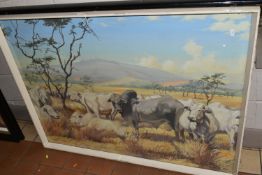 ROBERT LEWIS McClellan-SIM (1907-1985) AN AFRICAN LANDSCAPE, Boran cattle to the foreground with
