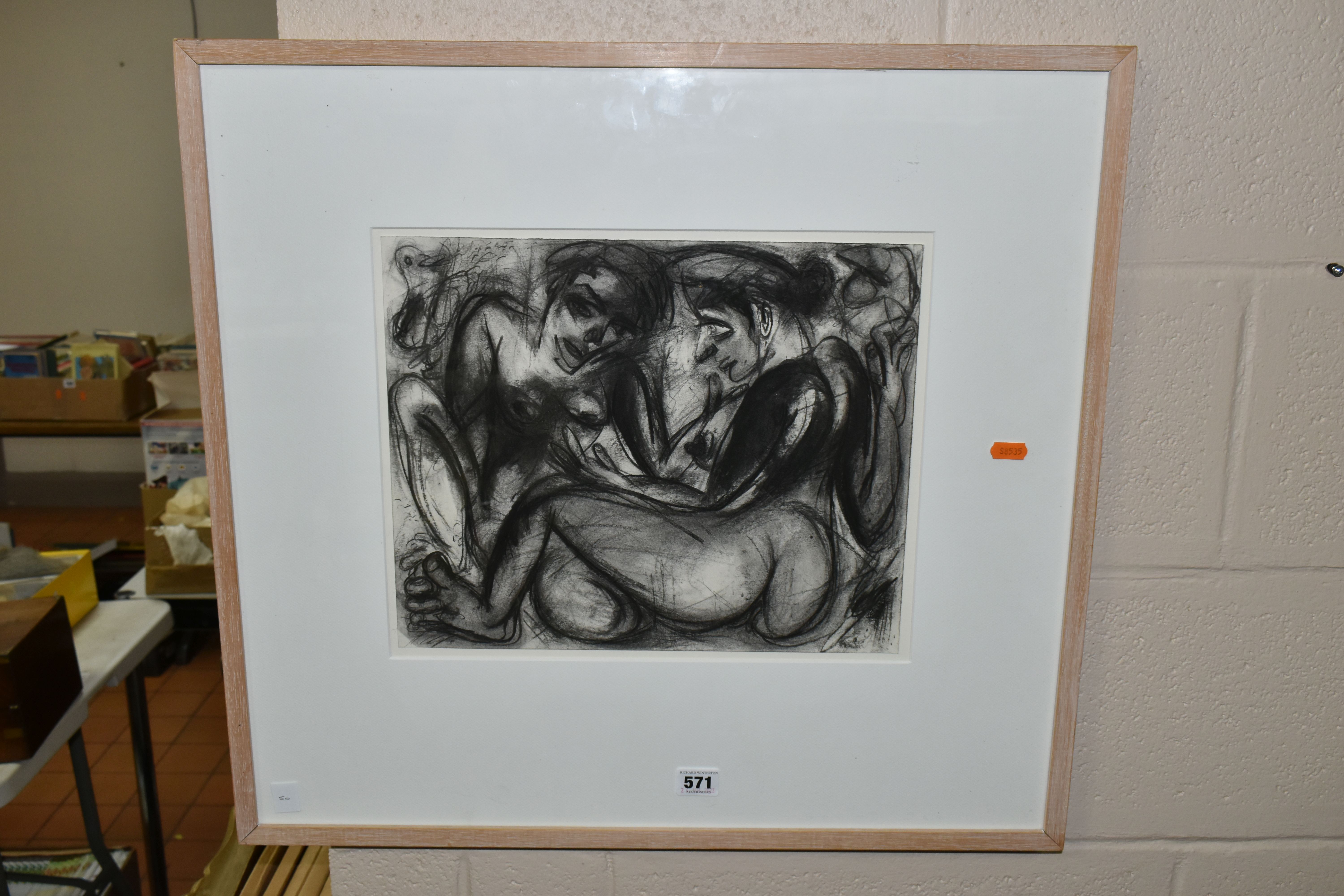 AN UNSIGNED PRINT DEPICTING NUDE FIGURES, a bird motif to the top left corner, approximate size 29cm