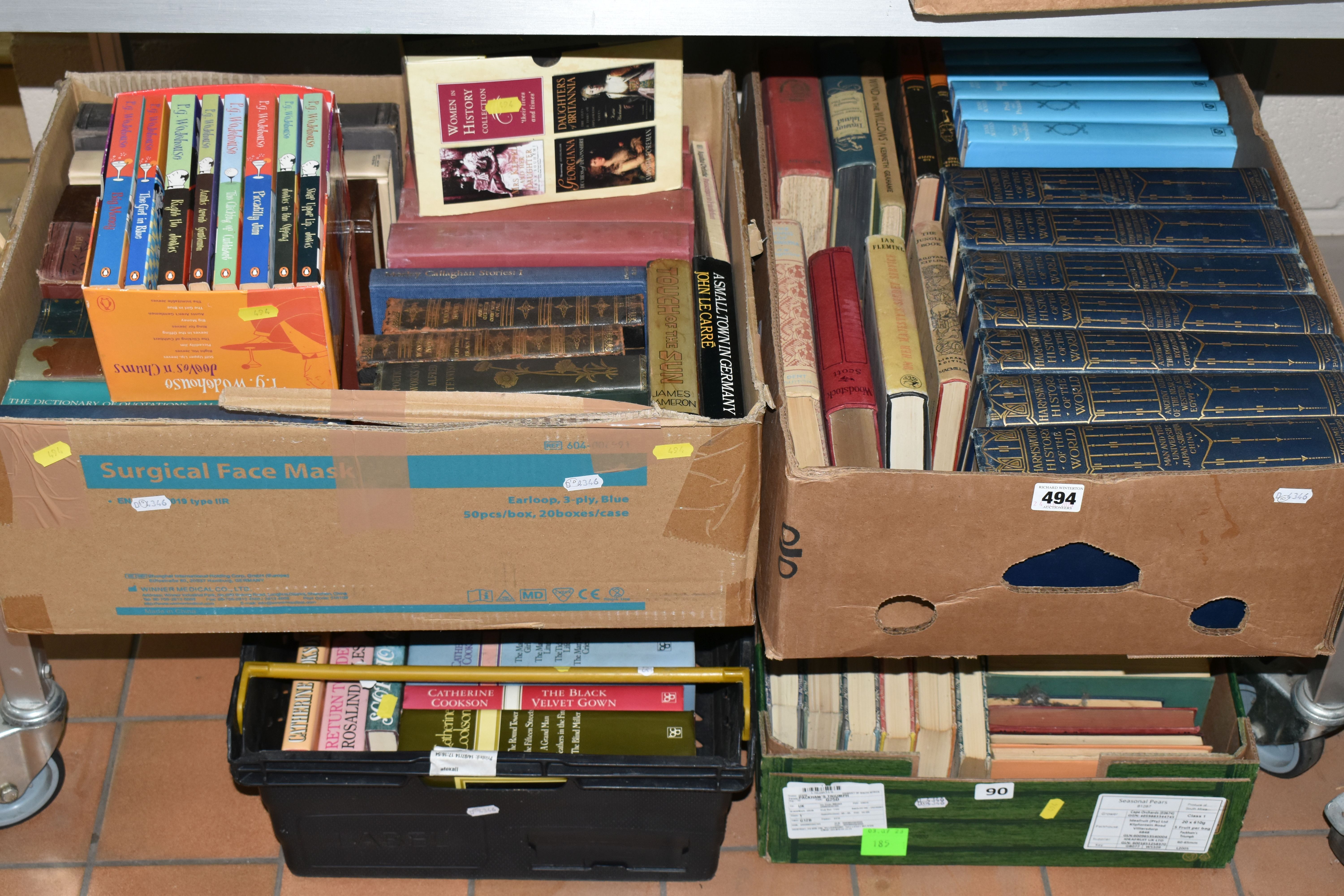 FOUR BOXES OF BOOKS containing approximately 120 miscellaneous titles in hardback and paperback