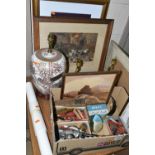 A BOX AND LOOSE OF LAMPS, PICTURES, PIPES AND VINTAGE STATIONERY ITEMS, to include a pair of table