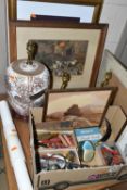 A BOX AND LOOSE OF LAMPS, PICTURES, PIPES AND VINTAGE STATIONERY ITEMS, to include a pair of table