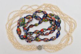 A CULTURED PEARL NECKLACE AND A MILLEFIORI BEAD NECKLACE, six strands of baroque pearls, fitted with