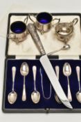 AN ASSORTMENT OF SILVER, to include a cased set of six silver teaspoons and a pair of silver sugar